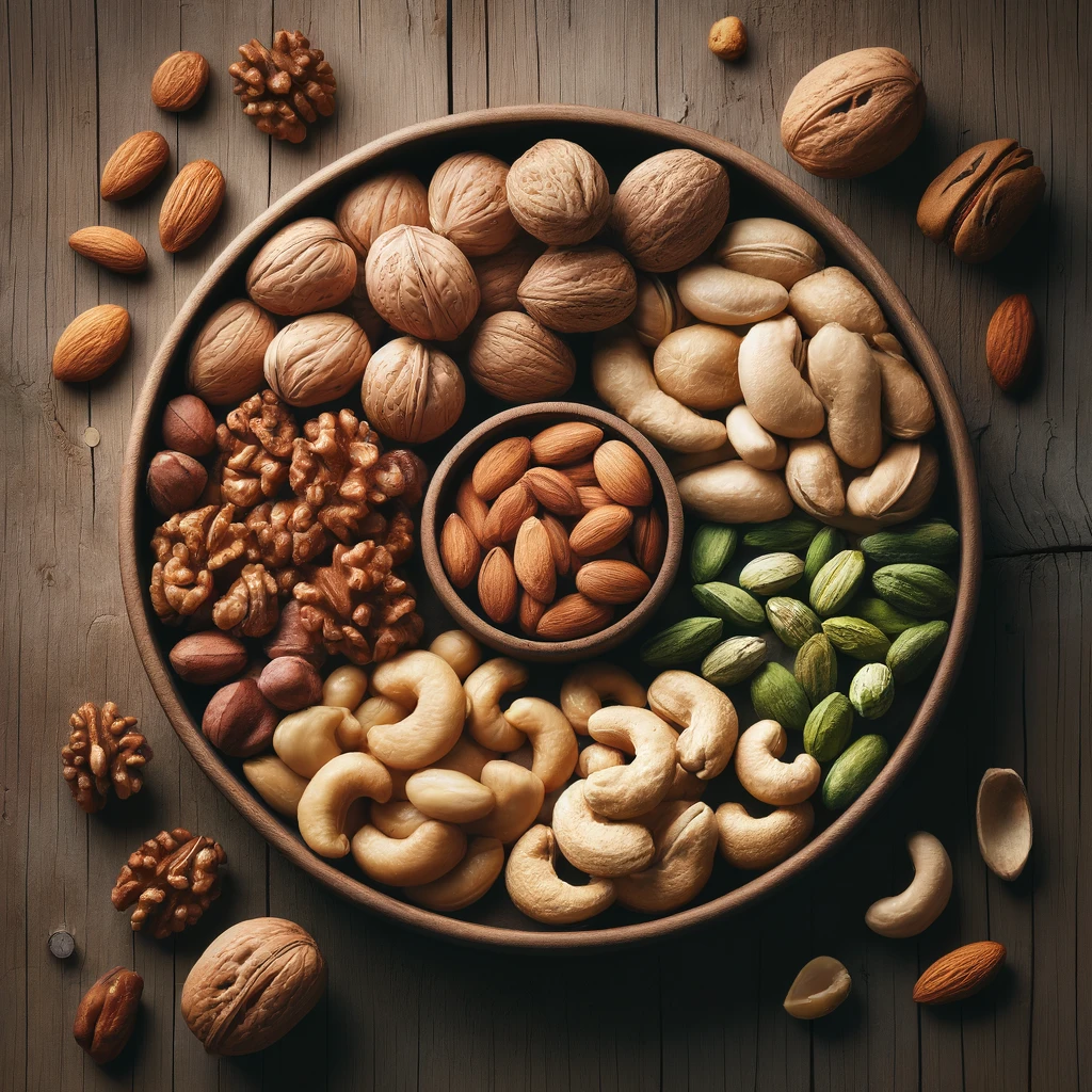 Assortment of Nuts in a Wooden Bowl