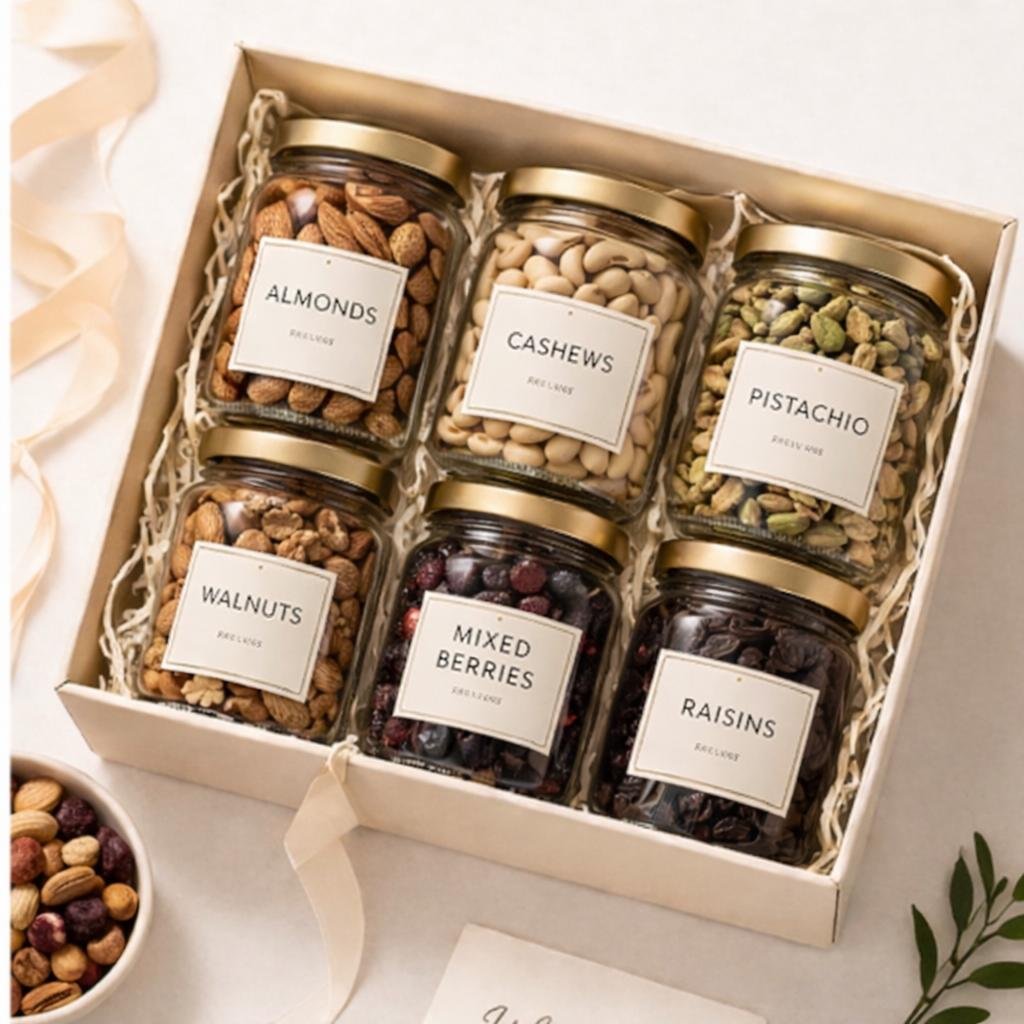 Custom hamper with jars of nuts and berries